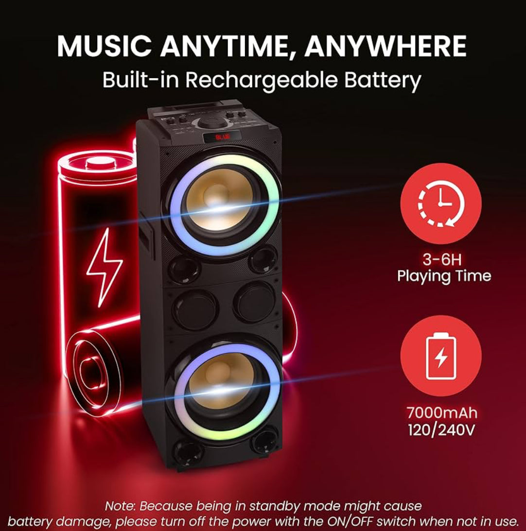 Portable Bluetooth PA Speaker System 1200W Outdoor Portable PA System w/Microphone in, Party Lights, USB SD Card Reader, FM Radio, Rolling Wheels - Remote Control