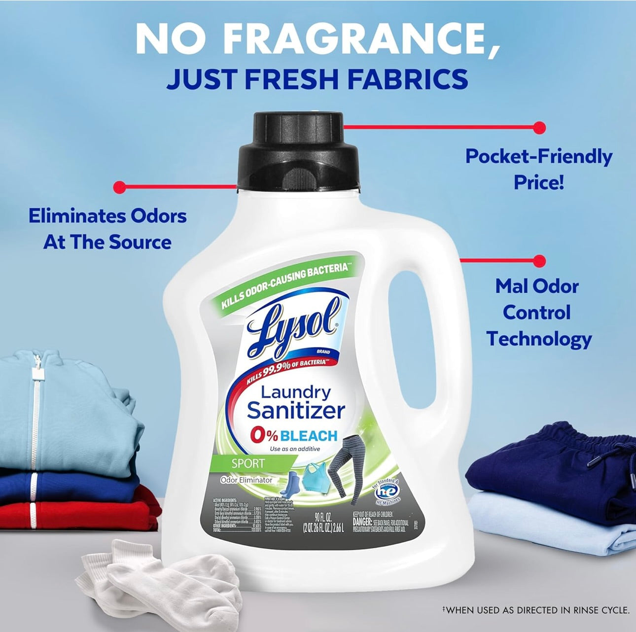 Lysol Sport-wasgoedsanitasie-byvoegmiddel, Saniterende vloeistof vir gimklere en aktiewe drag, elimineer reukveroorsakende bakterieë, 90oz