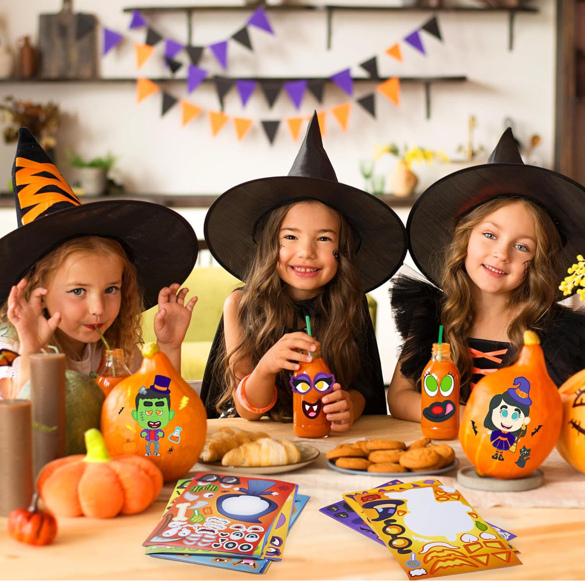 JOYIN 36 STK Halloween Kunsvlytplakkers vir Kinderspartytjies, Maak-’n-Gesig-plakkers met Heks- en Vampierontwerpe, Selfdoen-kunsvlytmateriaal vir Halloween-partytjiespeletjies, Klaskameraktiwiteite, Geskenke, Lekkernye
