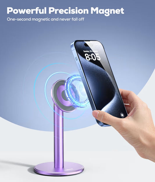 Magnetic Fully Aluminum Phone Stand, 360 Rotating for Desk w/ Metal Ring, Adjustable Holder with MagSafe Case - Purple