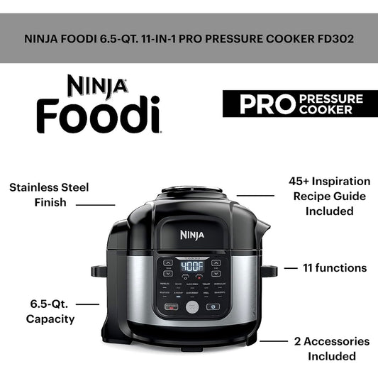 Ninja Foodi Lugbraaier Drukkoker Kombinasie 11-in-1 Pro 6.5 qt. Drukkoker & Lugbraaier wat Stoom, Stadig Kook en Meer met 4.6 qt Knyperplaat, Braairooster & Resepboek, FD302, Silwer/Swart