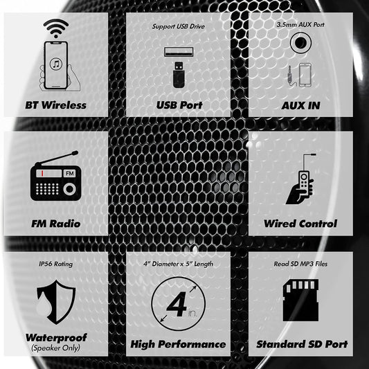 Motorcycle Speakers Bluetooth 4 Inch Waterproof Radio Audio System
1000W Amplifier, Remote Control, AUX USB SD FM Radio, Fits 7/8"–1-1/4" bar for ATVs/Motorcycles, 12 Volt Vehicles