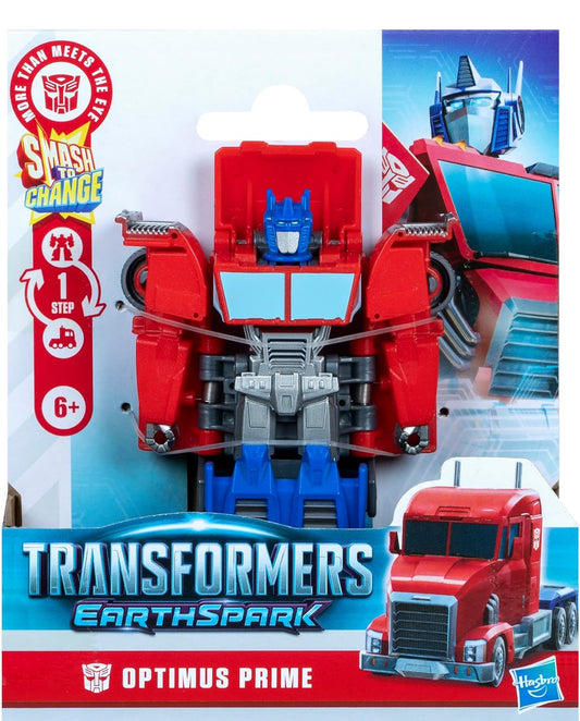 Transformers EarthSpark 1-Stap Smash Changers Optimus Prime 4-duim Aksiefiguur, Robot Speelgoed vir Seuns en Meisies 6 Jaar en Ouer