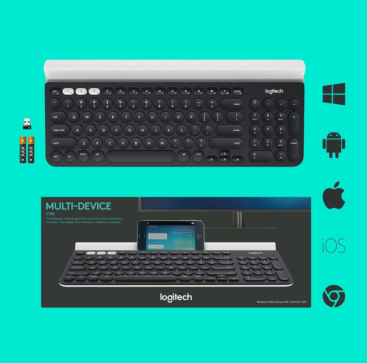 Logitech K780 Multi-Device Wireless Keyboard for Computer, Phone and Tablet – FLOW Cross-Computer Control Compatible - Speckles, White