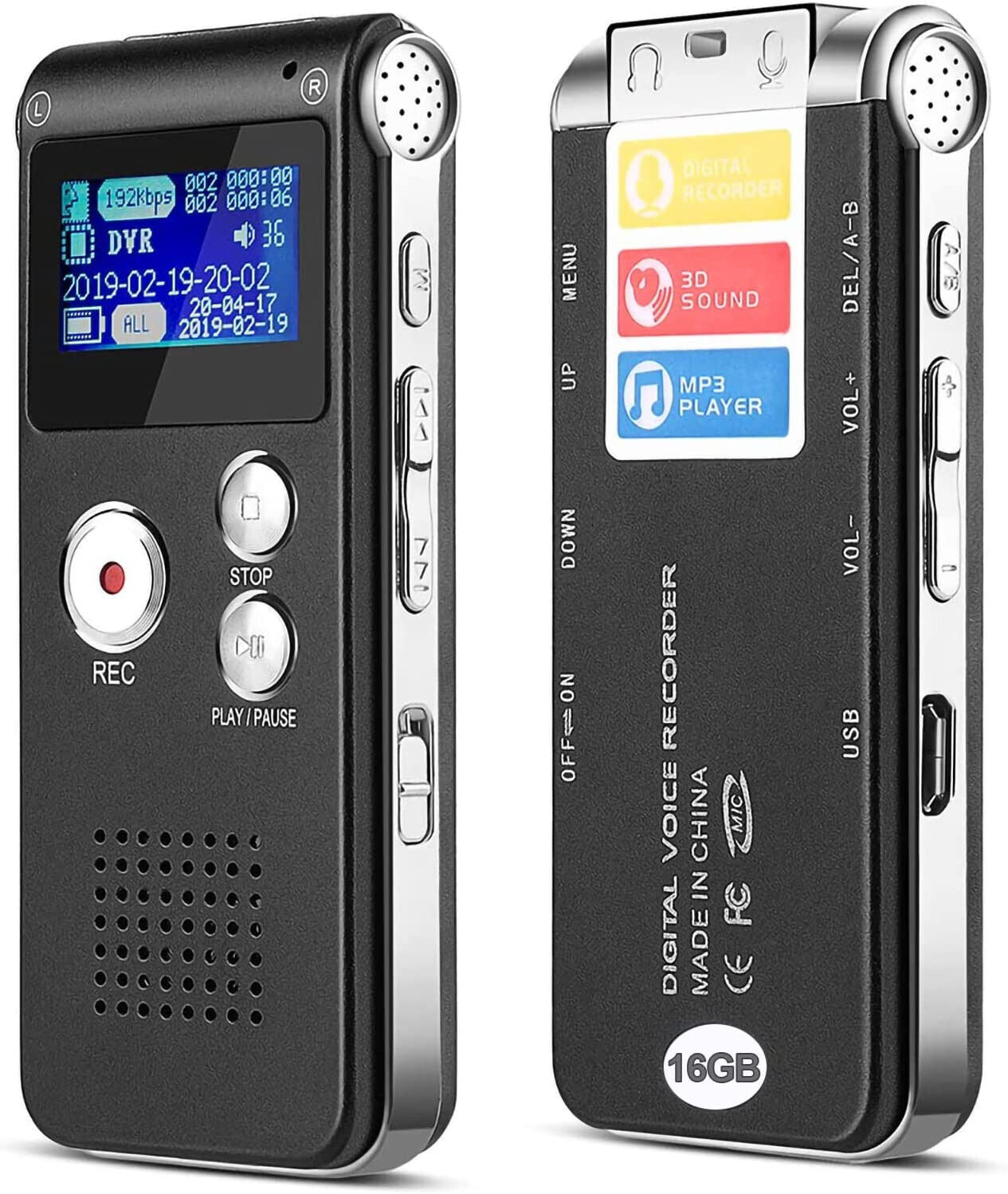 16GB Digital Voice Activated Recorder - Voice Recorder with Playback - Portable