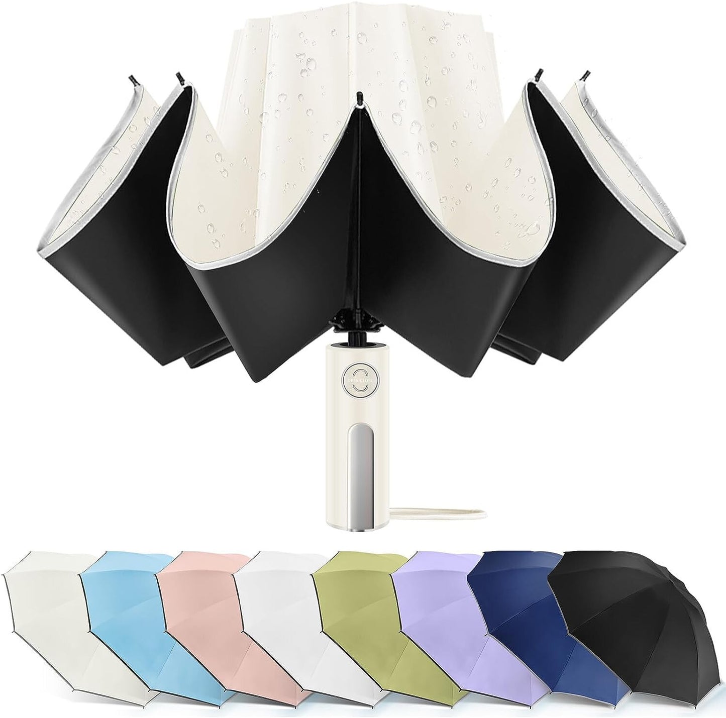 Inverted Compact Umbrella Large Windproof Umbrellas With Reflective Stripe BEIGE