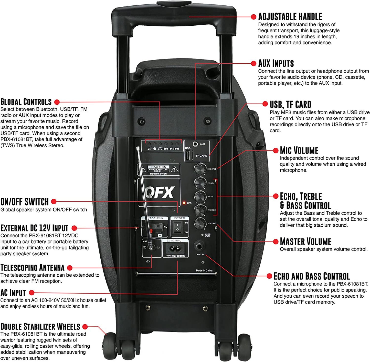 Rechargeable Portable Speaker | 8" Woofer | 2,600 Watts | Bluetooth, AUX - BLUE
