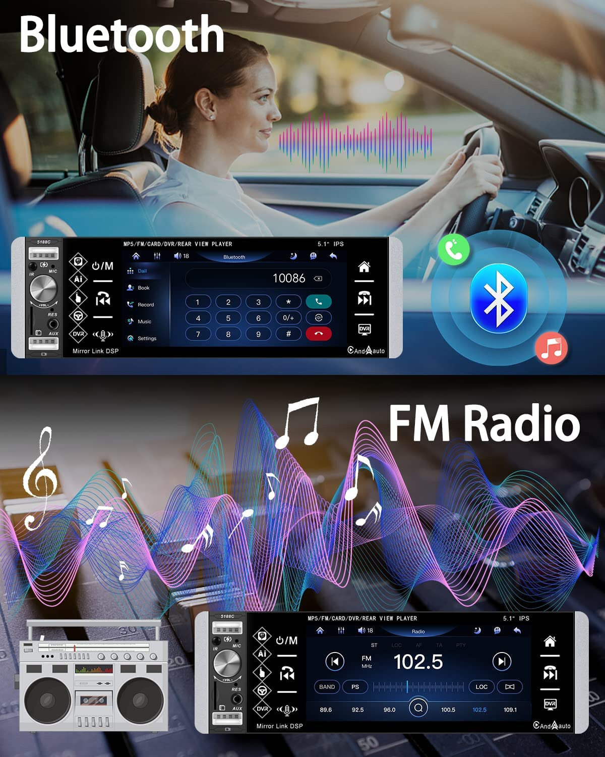 Car Radio Single Din with Apple Carplay Android Auto, 5.1 Inch IPS Touch Screen
