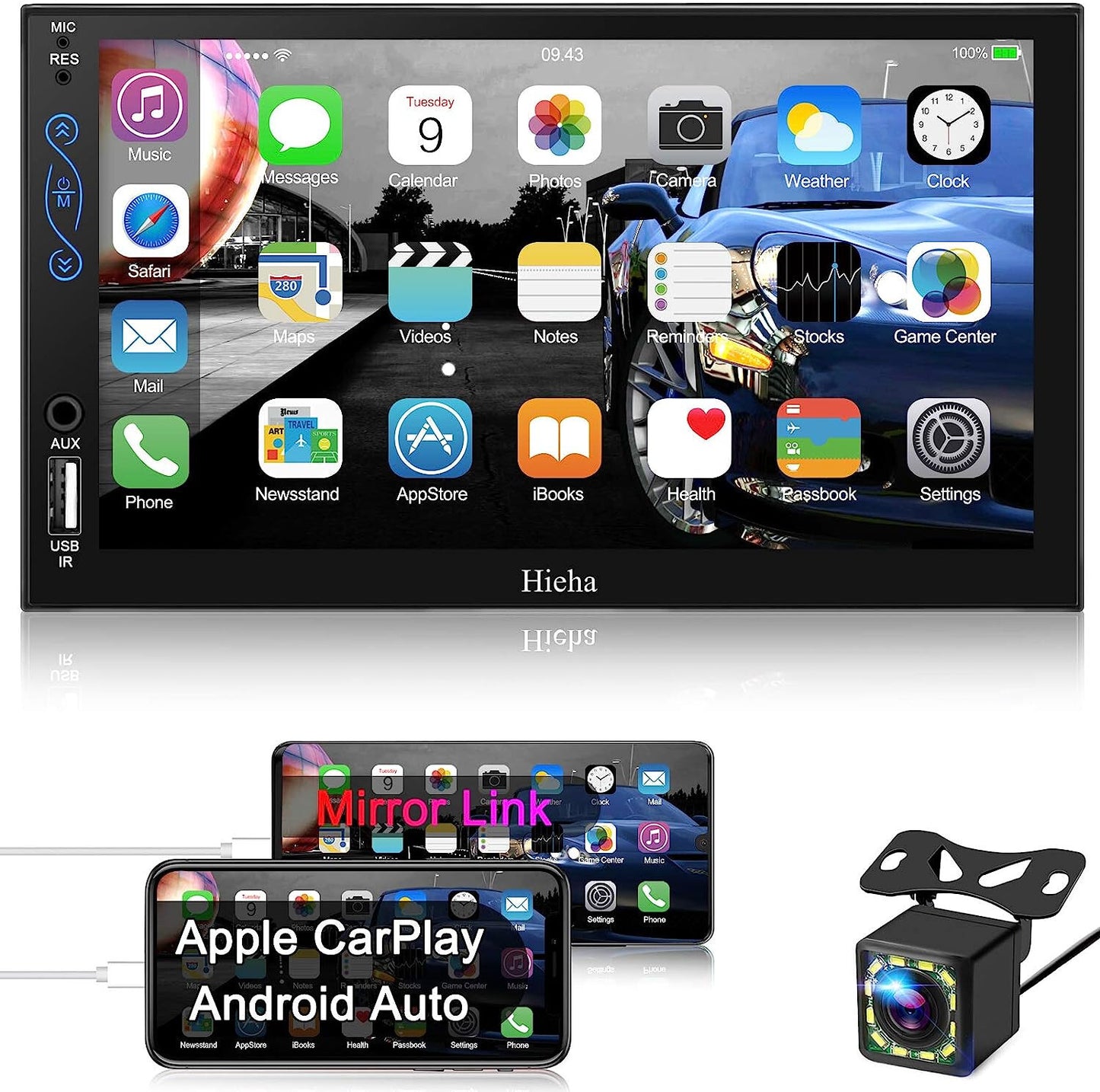 2-DIN 7" Bluetooth Car Play,Android Auto, MP5, Mirror Link, SWC, With A/V Input
