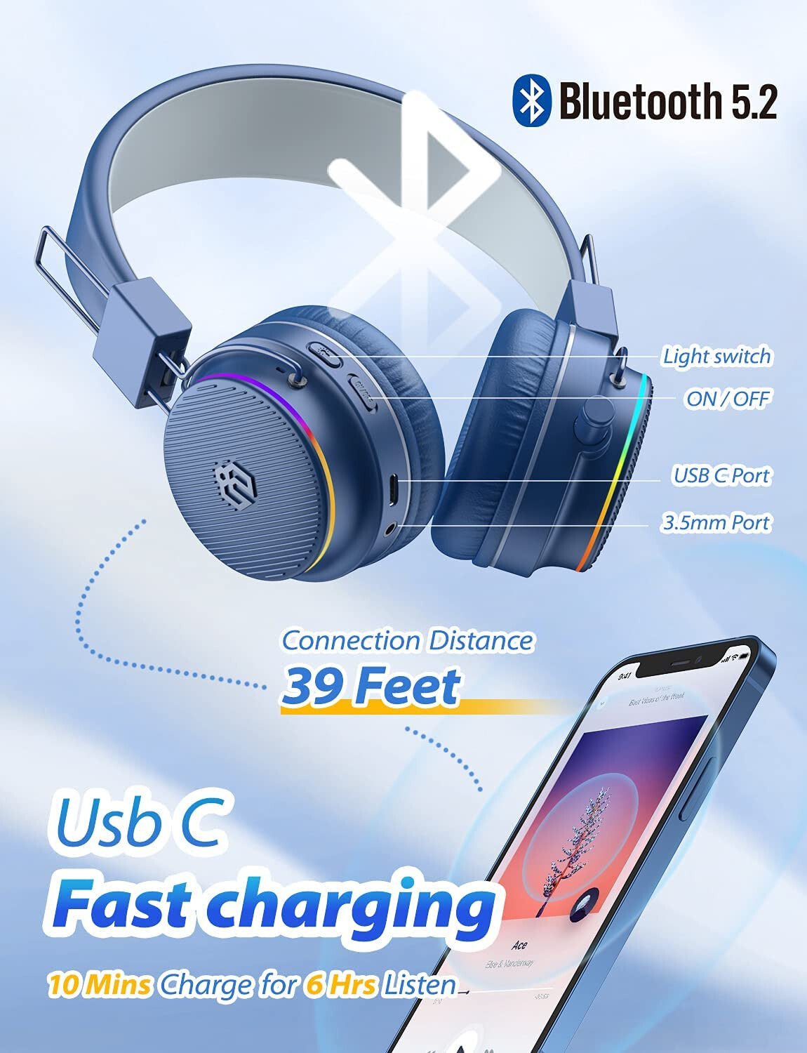 NAVY BLUE BTH03 Kids Bluetooth Headphones Safe Volume, Colorful LED LIGHTS