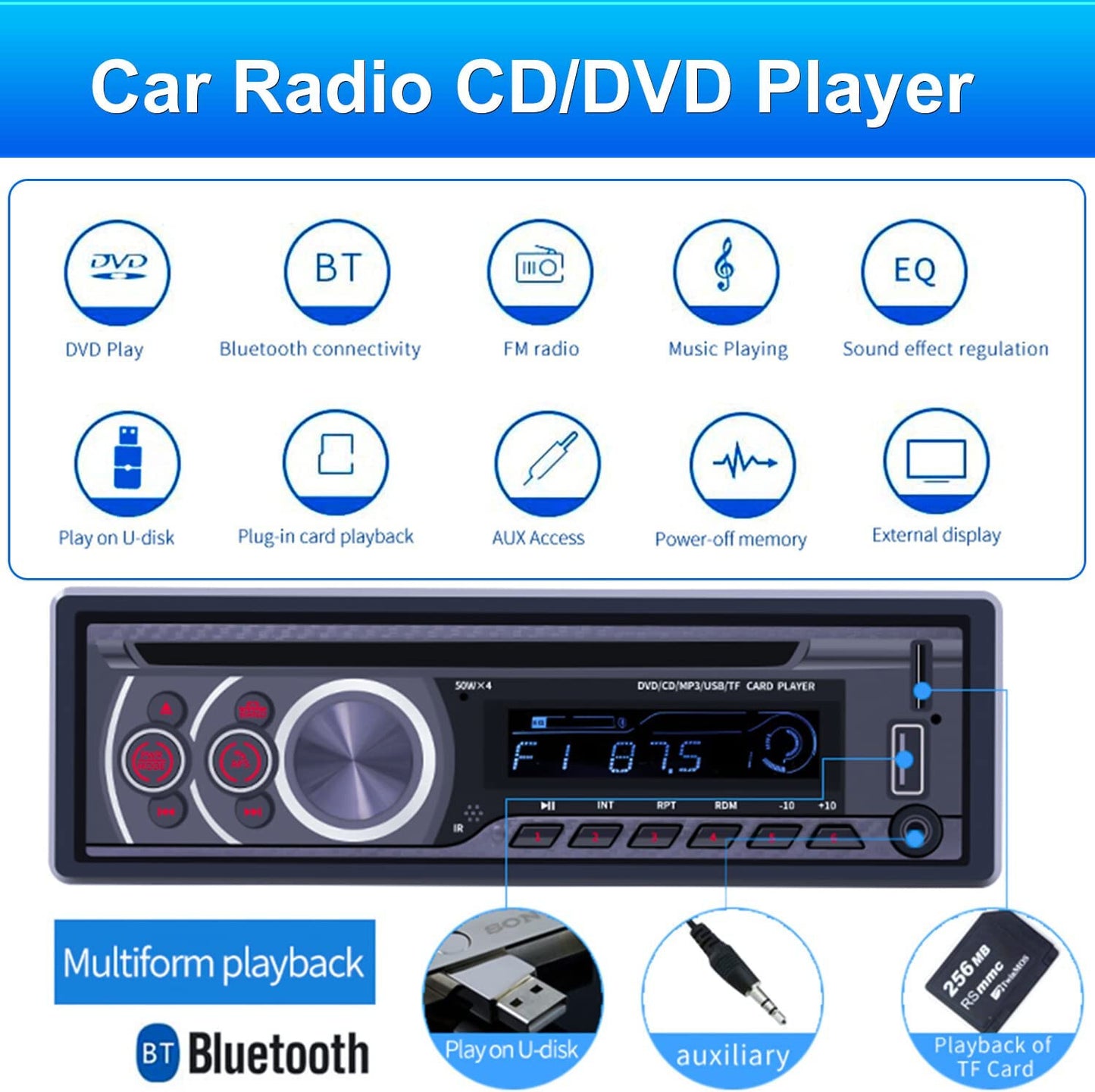 Single Din Car Radio CD Player, Car DVD Player with Bluetooth Hands-Free Calling