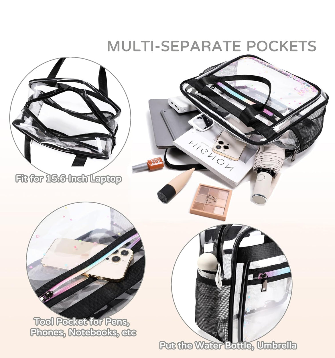 Clear Beach Bag Travel Tote Transparent Backpack for Women Girls Stadium Approved Crossbody Messenger Shoulder Handbag