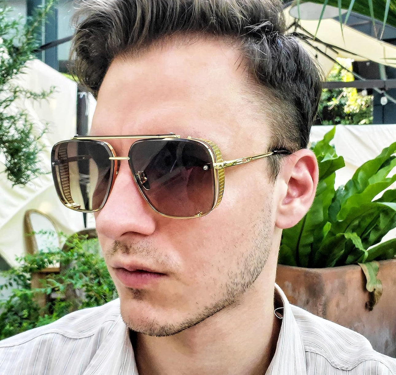 UNISEX Oorgroot Vierkantige Vlieënier Gradiënt-Sonbril C2 Goue Raam/Gradiënt – Bruin Lens