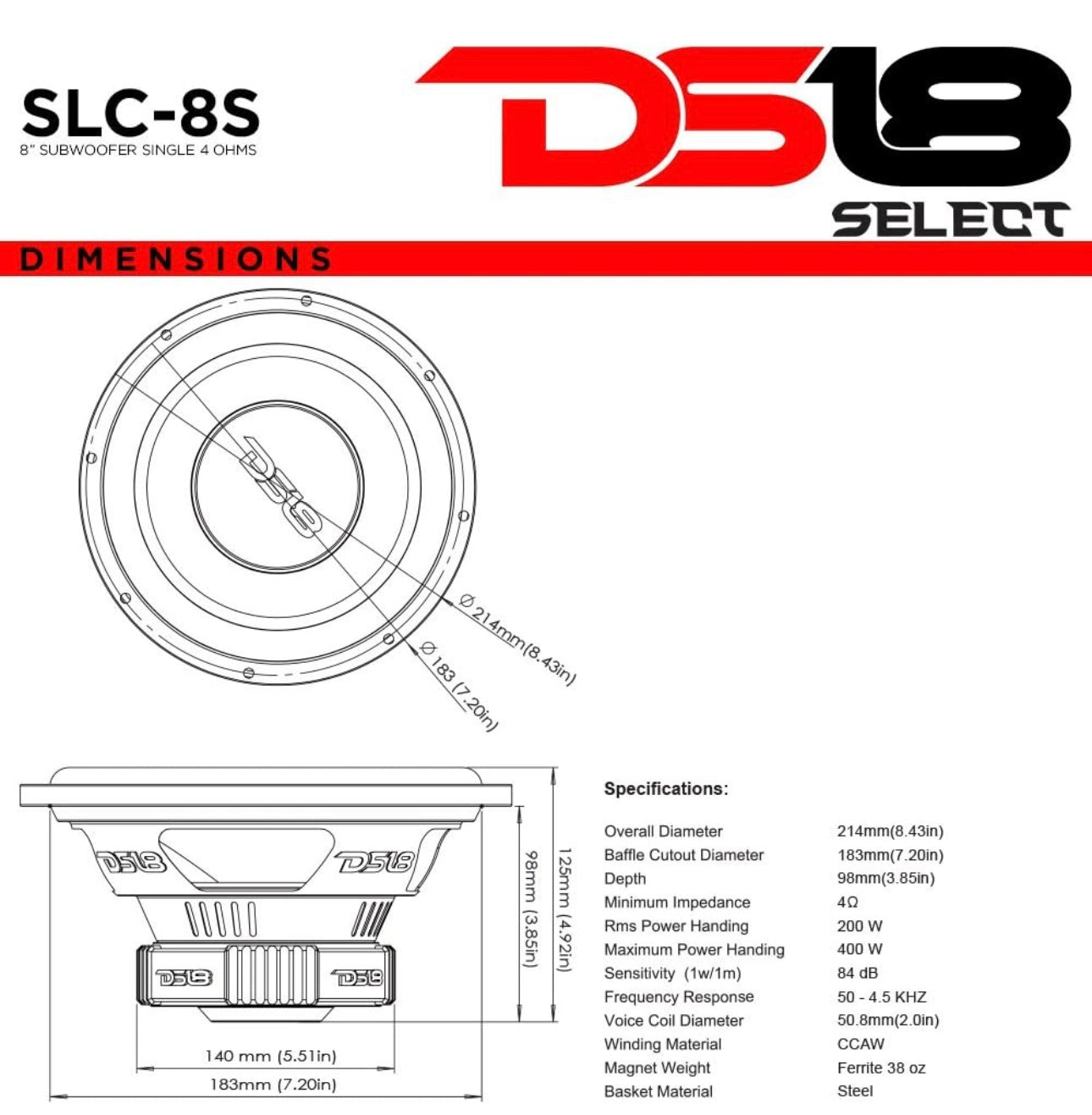 DS18 SLC-8S Subwoofer in Black - 8-Inch Speaker, 400W Max Power 4 Layer Voice Coil, 4 Ohm Impedance (1 PC)
