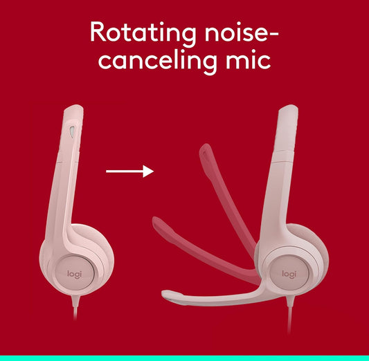 Logitech H390-speletjieshoofoorfone, bedrade hoofoorfone met mikrofoon, USB-kopstuk met mikrofoon vir rekenaar, ruisonderdrukkende mikrofoon vir videovergaderings, musiek, speletjies – Roos