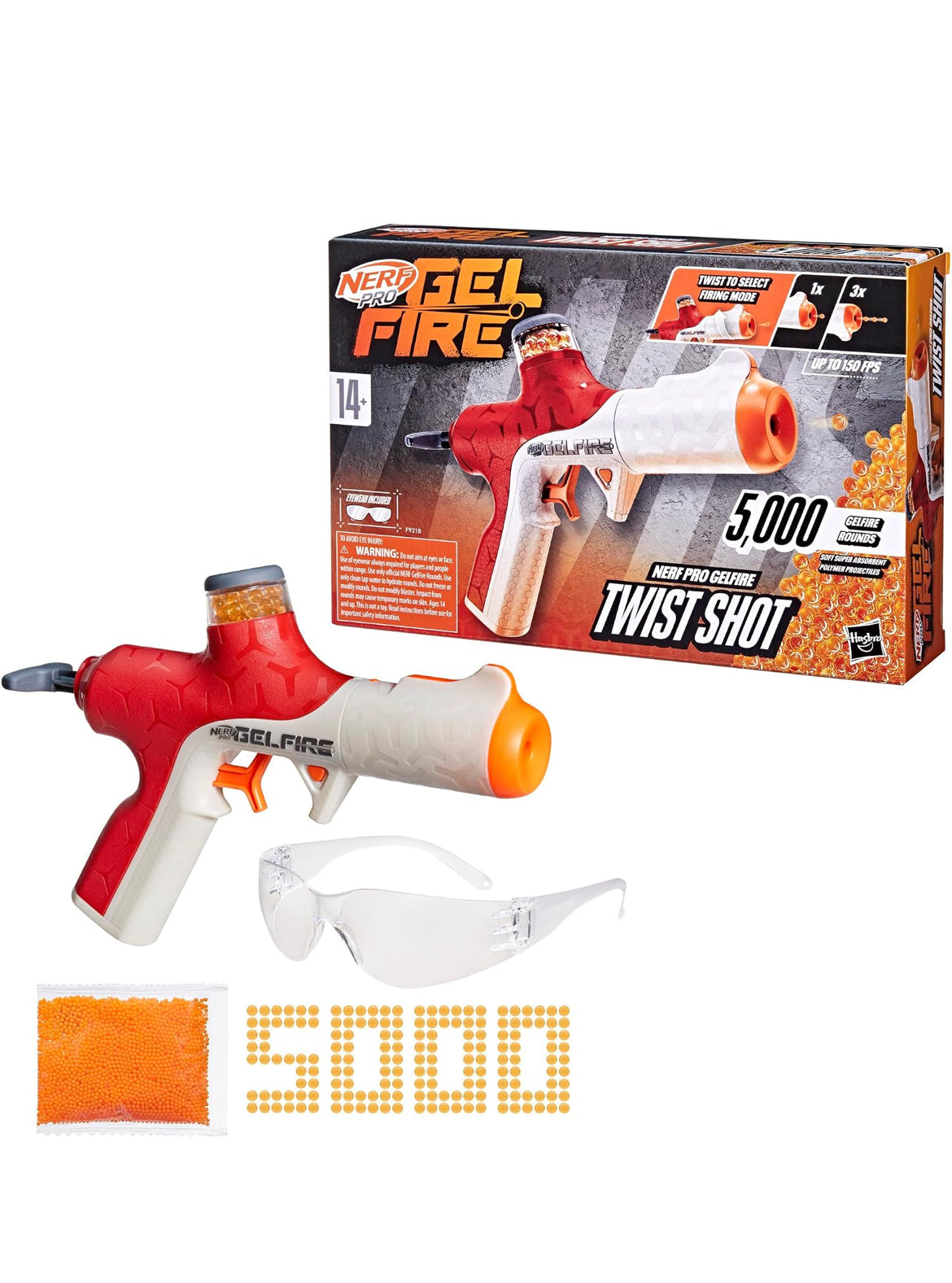 Nerf Pro Gelfire Twist Shot Blaster, 150 FPS, 5,000 Gelfire Rounds, T-Pull Priming, Integrated 80 Round Hopper, Eyewear, Ages 14+