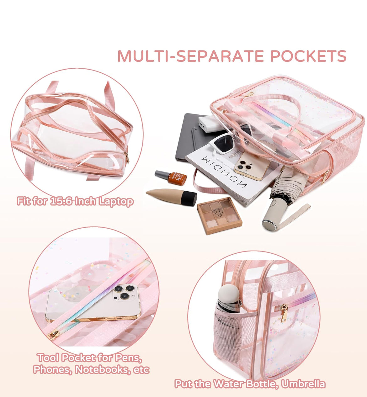 Clear Beach Bag Travel Tote Transparent Backpack for Women Girls Stadium Approved Crossbody Messenger Shoulder Handbag