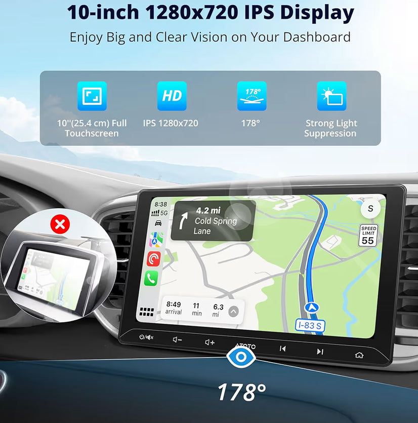 10" Dubbel-din Motorstereo met Agteruitry-kamera, Draadlose CarPlay & Android Auto, GPS Navigasie, WiFi/Bluetooth/USB, 24-Band EQ DSP/FM/LRV, MirrorLink