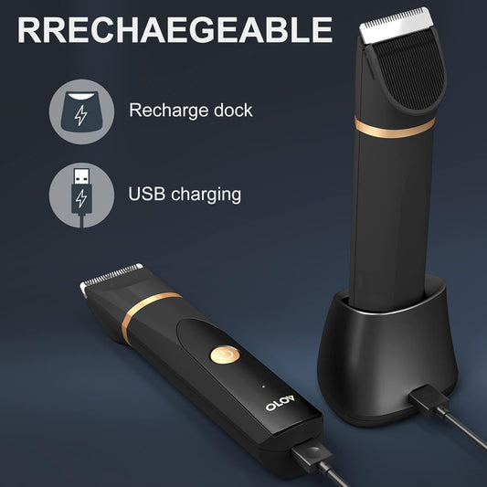 OLOV Elektriese Liggaamshaartrimmer vir Mans - Nat/Droë Liggaamsskeerder met 2 Vervangkeramieklemme, USB-Laaidok en Neustrimmerkop, Waterdigte Manlike Higiëniese Skeermes