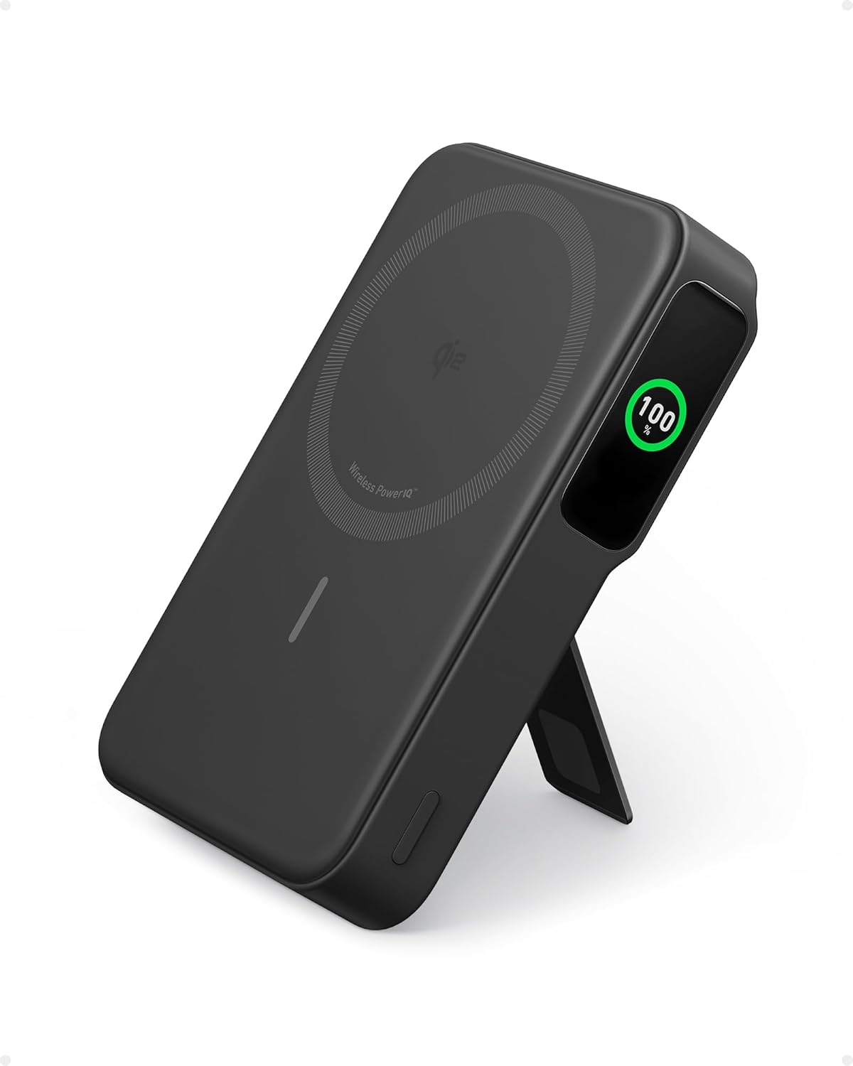 MagGo Power Bank, Qi2 Certified 15W Ultra-Fast MagSafe-Compatible Portable Charger, 10,000mAh Battery Pack with Smart Display and Foldable Stand - Black