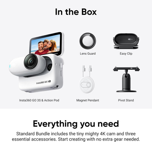 Insta360 GO 3S - 64 GB White 4K Tiny Portable Vlogging Camera, Hands-Free POVs, Mount Anywhere, 140 Min Battery Life, 10m Waterproof, Pet POV