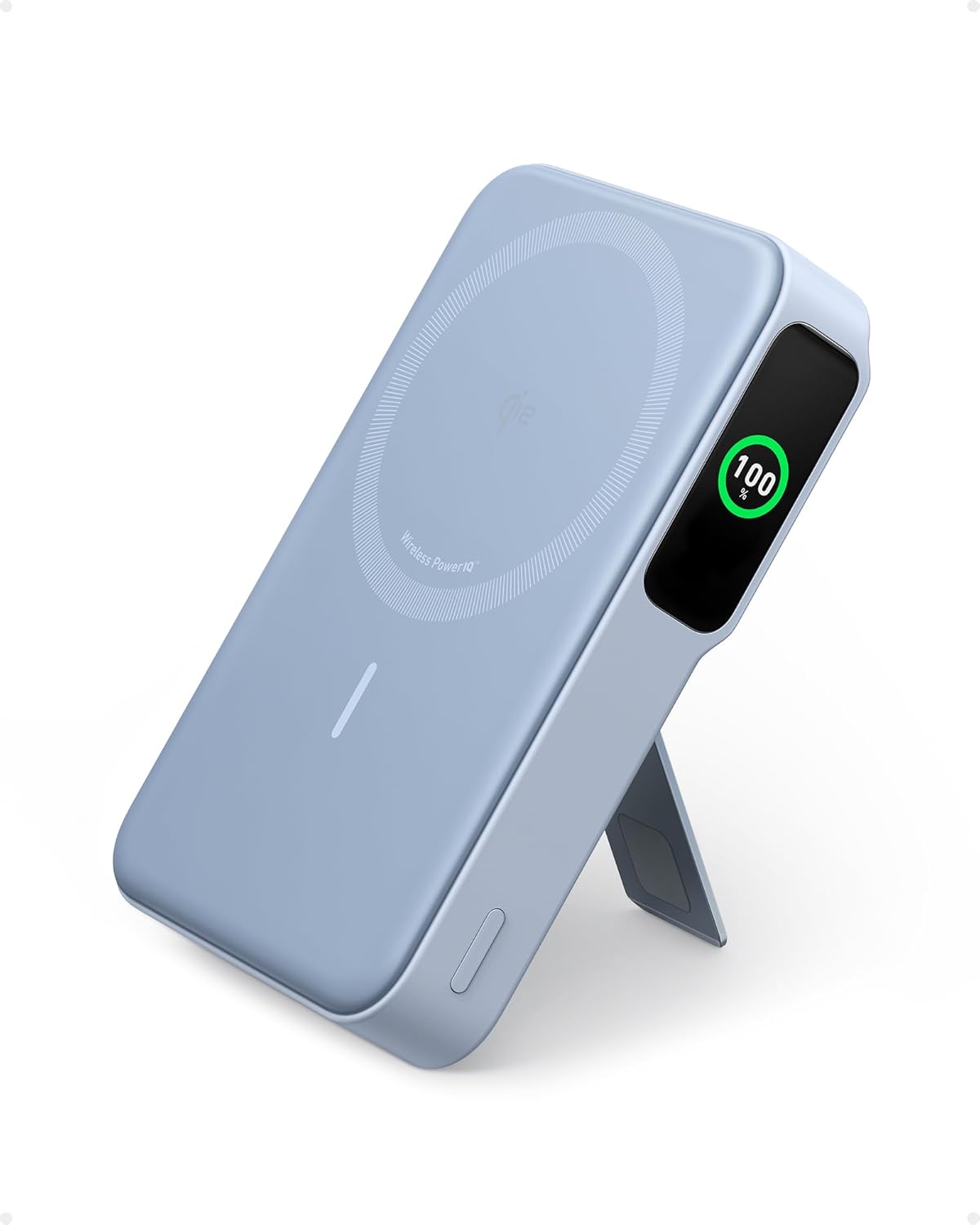 MagGo Power Bank, Qi2 Certified 15W Ultra-Fast MagSafe-Compatible Portable Charger, 10,000mAh Battery Pack with Smart Display and Foldable Stand- Blue