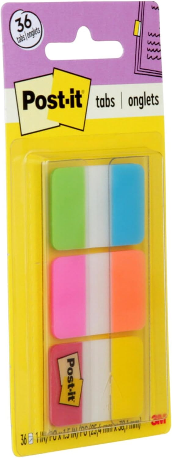 Post-it Tabs, 1 in Solid, Aqua, Yellow, Pink, Red, Green, Orange, 6/Color - Solid Style (36/Dispenser)