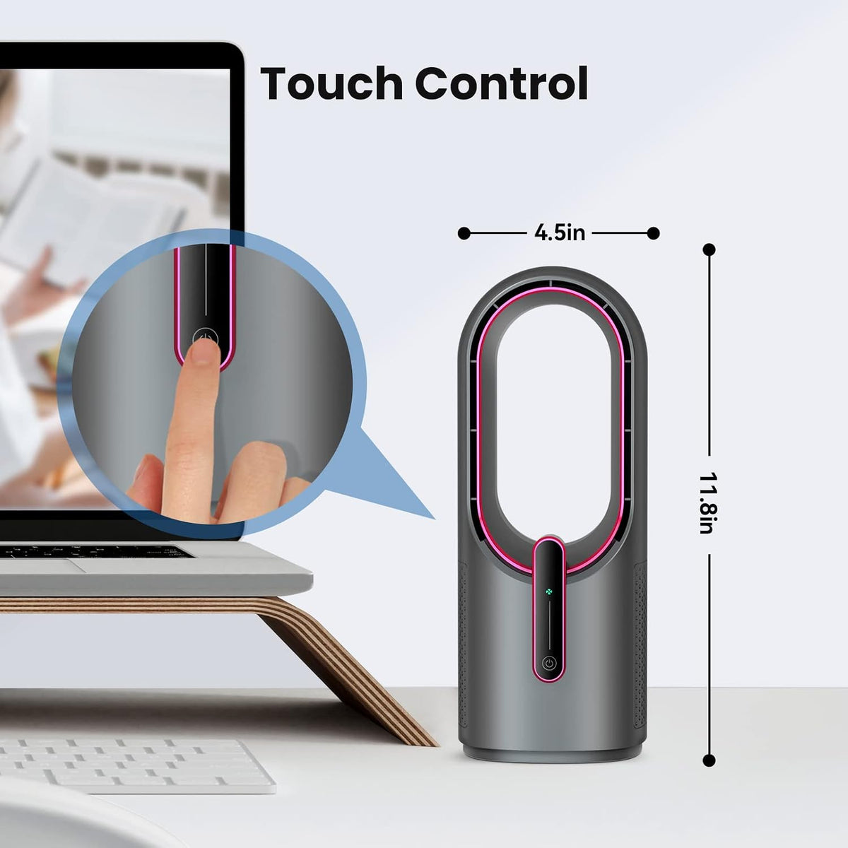 Desk Fan Bladeless, 11.8 Inch Office Fan Small, Quiet, 3 Speed Adjustment, Touch Control, Easy to Clean, Desk Fans Small Quiet, Ideal for Office, Living Room, Bedroom - Gray/Red