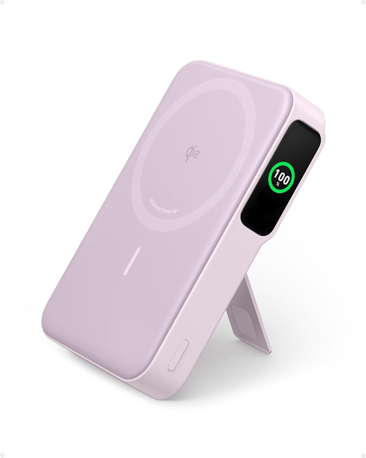MagGo Power Bank, Qi2 Certified 15W Ultra-Fast MagSafe-Compatible Portable Charger, 10,000mAh Battery Pack with Smart Display and Foldable Stand - Violet