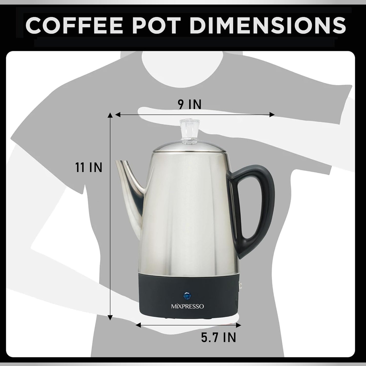 Mixpresso 10 Koppie Perkolatorkoffiepot Elektries, Vlekvrye Staal Koffieperkolator Elektries Met Warmhoufunksie, Klassieke Perkolatorpot Met Verwyderbare Mandjie Vir Huis of Kantoor