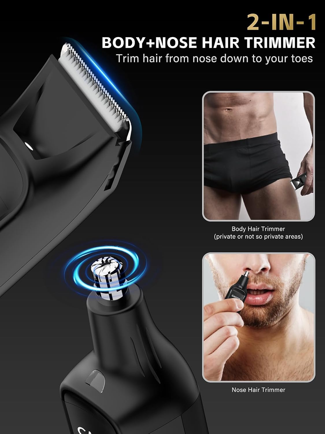 2-in-1 Body and Nose Hair Trimmer for Men - Portable Electric Razor for Men and Women, IPX7 Professional Electric Shavers for Ball, Groin, Pubic, Underarm, Nose, Ear, Beard, Head