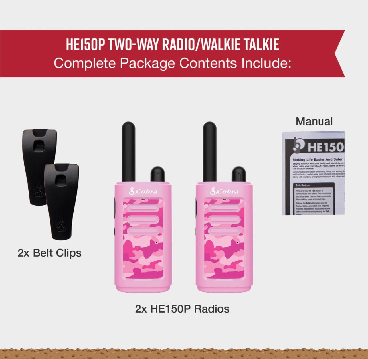 Cobra HE150 Kid Friendly Walkie Talkies - 16-Mile Range, 2 Channels Two-Way Radio Set - Pink, (2-Pack)