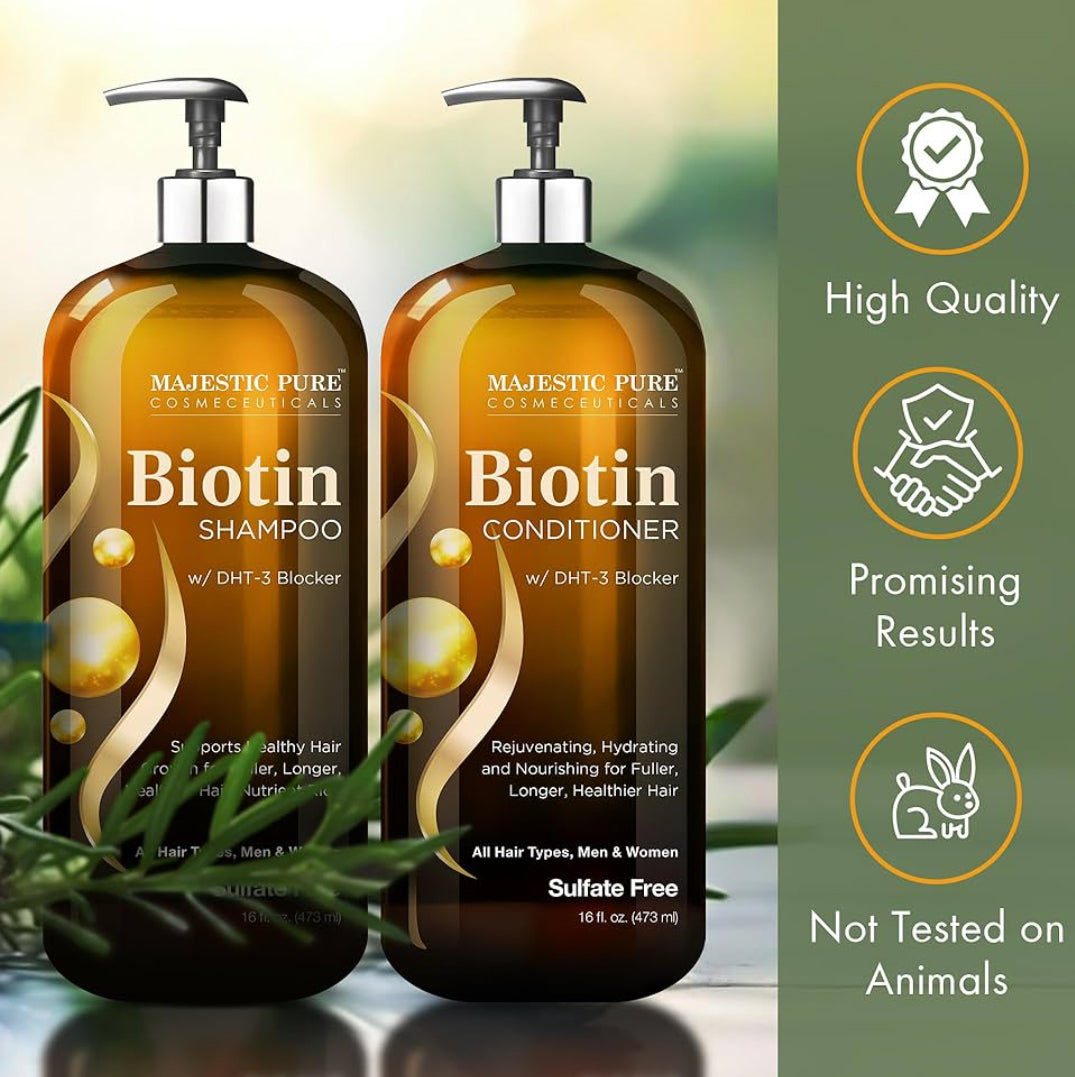 PURE Biotin Sjampoe en Conditionerstel met DHT-blokkeerderkompleks – Hidreer, Voed en Ondersteun Gesonde Hare, Sulfaatvry, vir Mans en Vroue – (473 ml)