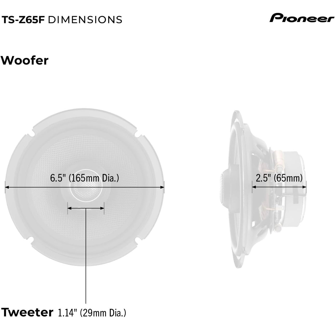Pioneer TS-Z65F, 2-rigting 6.5 DUIM Koaksiale Karluidsprekers, Volreeks, Oop & Gladde Klankgehalte, Maklike Installasie en Verbeterde Basrespons - Swart