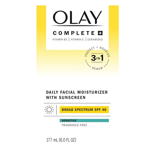 Olay Complete+ Gesigbevogtiger met Sonskerm SPF 40, Vir Sensitiewe Vel, Breëspektrum Voed Vogversperring - Ceramiede 6 Oz