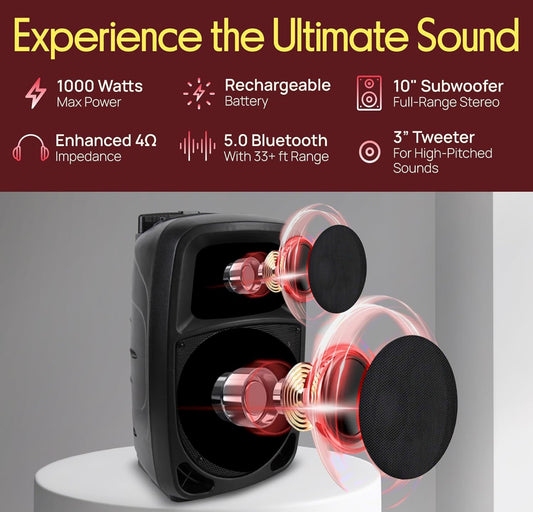 1000W Portable Bluetooth PA Speaker, 10'' Subwoofer, UHF Wireless Mic, MP3/USB/SD, Rechargeable Battery, LED Battery Indicator Lights