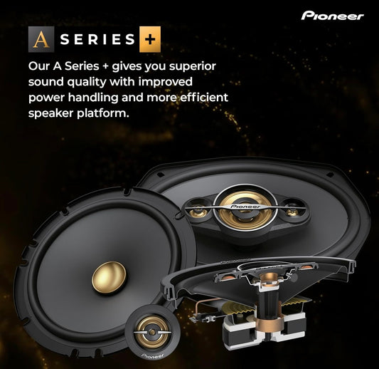 Pioneer TS-A1601C, 2-rigting-komponent-motorklankluidsprekers, volle reeks, duidelike klankgehalte, maklike installasie en verbeterde basrespons, swart en goudkleurige 6.5” ronde luidsprekers
