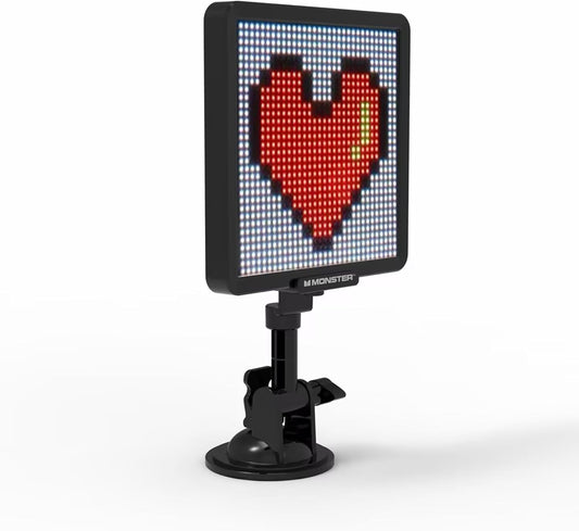 Monster Smart Pixel-skerm vir motors, Toepbeheerde pasgemaakte LED-tekspatroon en -animasieskerm, Klankreaktief, USB-aangedrewe, 6x6 duim, 32x32 pieksels, Volkleur mobiele advertensies en saamrygeleenthede