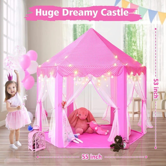 Monobeach Prinses Speelding Tentspeelhuisie vir Dogtertjies Groot Kinders Kasteel Speel Tent met Sterliggies vir Kinders Binne en Buite Speletjies, 55'' x 53'' (DxH)