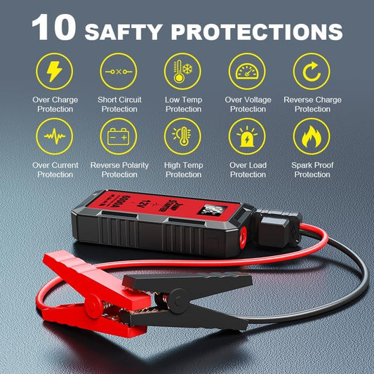 Motorbatterystarter met 6000A Piek Slimme Knipsel-LCD-skerm en 3 Modusse Flitslig vir Tot Alle Petrol- en 10.0L Diesel-enjins 12V Motorbatterybooster Startkabels Draagbare Litiumspringboks