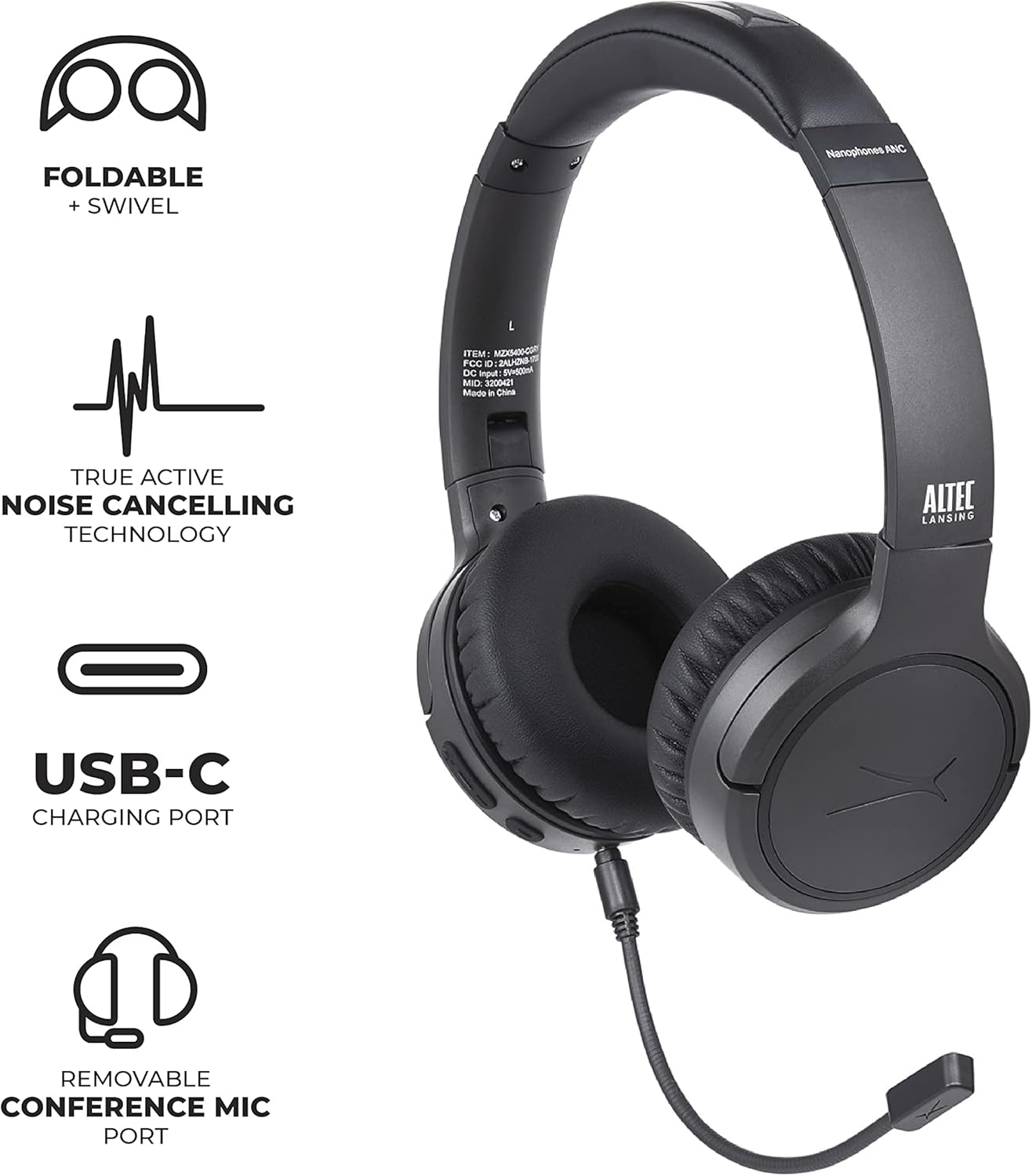 Altec Lansing Nanophones ANC Bluetooth Draadlose Aktiewe Geraasdempende Oorfone Op-Oorfone 12 Uur Batterylewe, Opvoubare Oorkoppies, Verwyderbare Mikrofoon vir Werk en Leer van die Huis af (Grys)