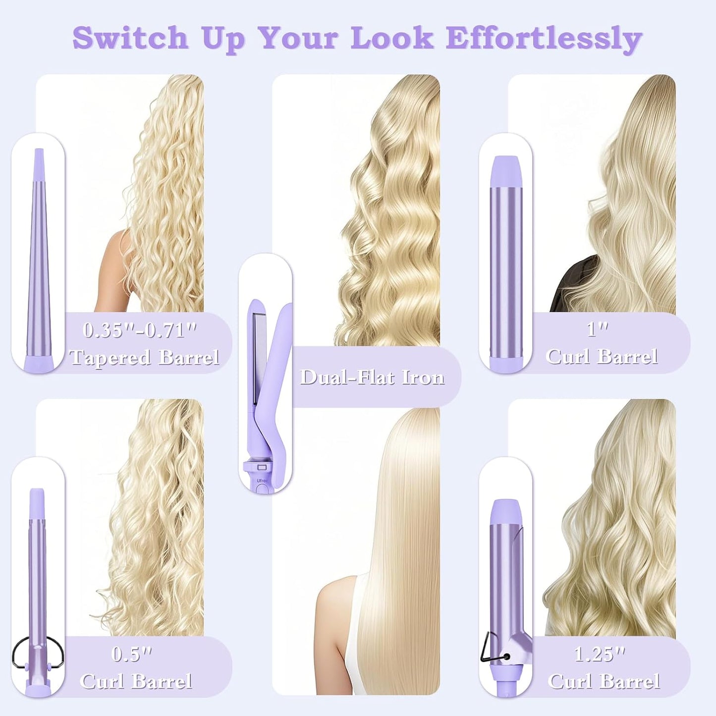 5 in 1 Curling Iron with Interchangeable Ceramic Barrels (0.35"-1.25"), Curling Wand Set with Flat Iron Hair Straightener, Instant Heat Up, Dual Voltage Hair Curler