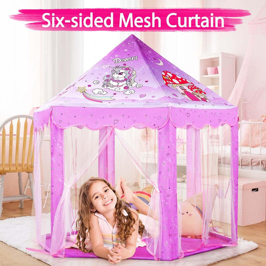 Monobeach Prinses Tent Meisies Eenhoring Groot Speelhuis Kinders Kasteel Speel Tent met Sterliggies Geskenkspeelding vir Kinders Binne- en Buitemuurse Speletjies, 55'' x 53'' (DxH)