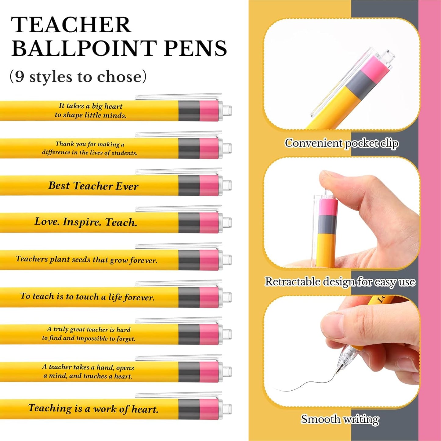 50 Pcs Back to School Teachers Pens Bulk Teacher Appreciation Gifts Inspirational Yellow Retractable Ballpoint Pens for Coworker Staff Thank You Gifts Office Writing Stationary Supplies