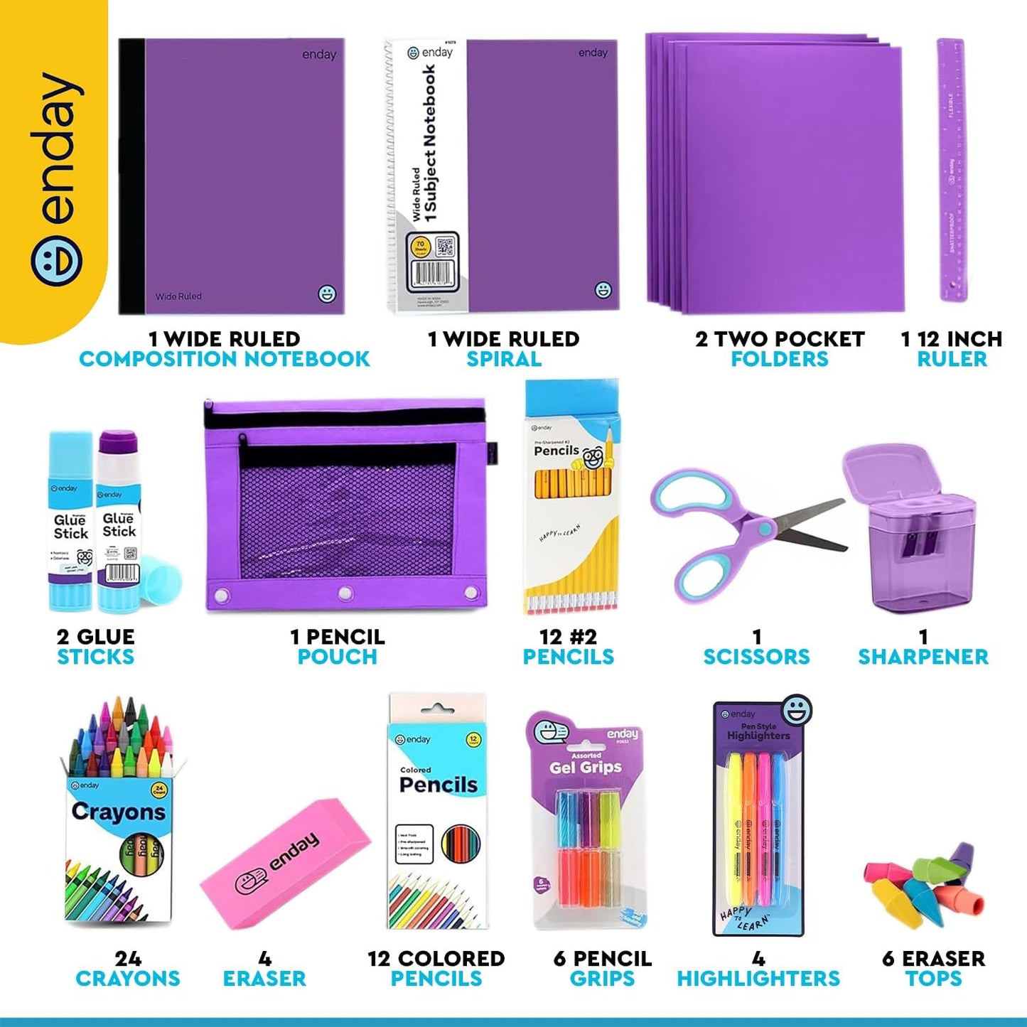 Back to School Supplies for Kids, Purple School Supply Box Premium Quality Kids School Supplies Kit, Kindergarten School Supplies for Girls and Boys, 71 Piece Set - by Enday