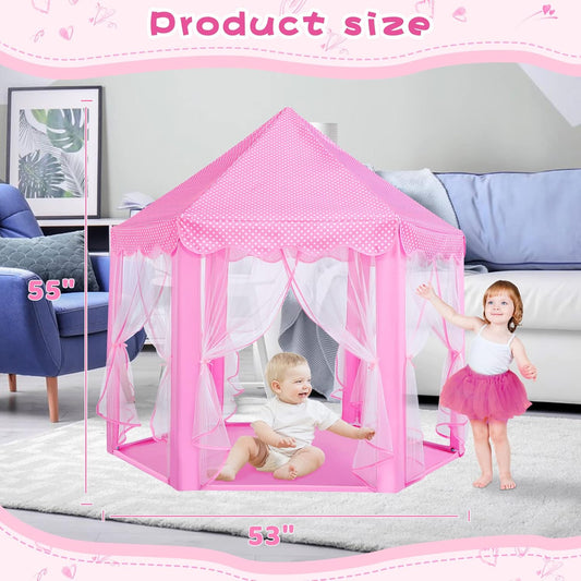 Monobeach Prinses Speelding Tents Meisies Groot Speelhuis Kinders Kasteel Speeltent met Sterligte Speelding vir Kinders Binne- en Buitemuurse Speletjies, 55'' x 53'' (DxH) (Pienk Prinses Tent met Speelmat)