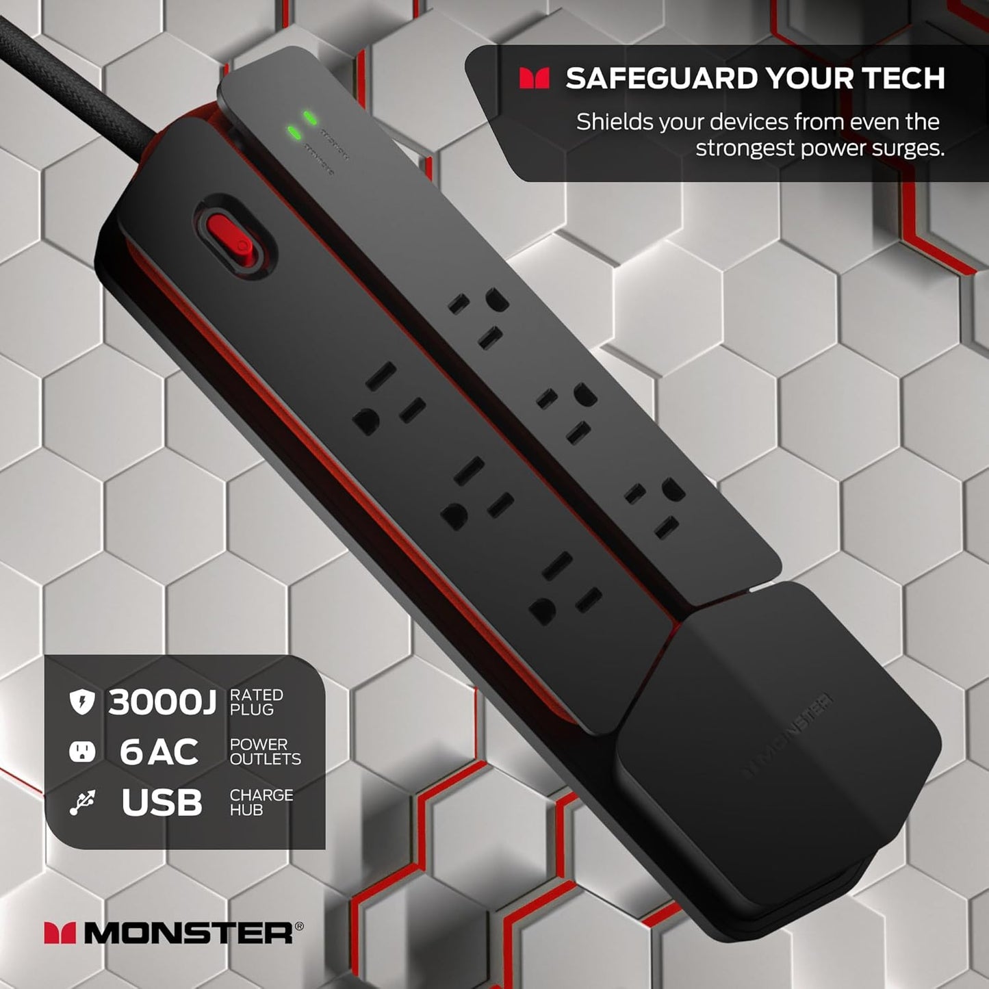 Monster Power Center Vertex Surge Protector with Detachable USB Power Strip, Surge Protector Power Strip - 6 AC Outlets, 2 USB-A Ports &1 USB-C Port