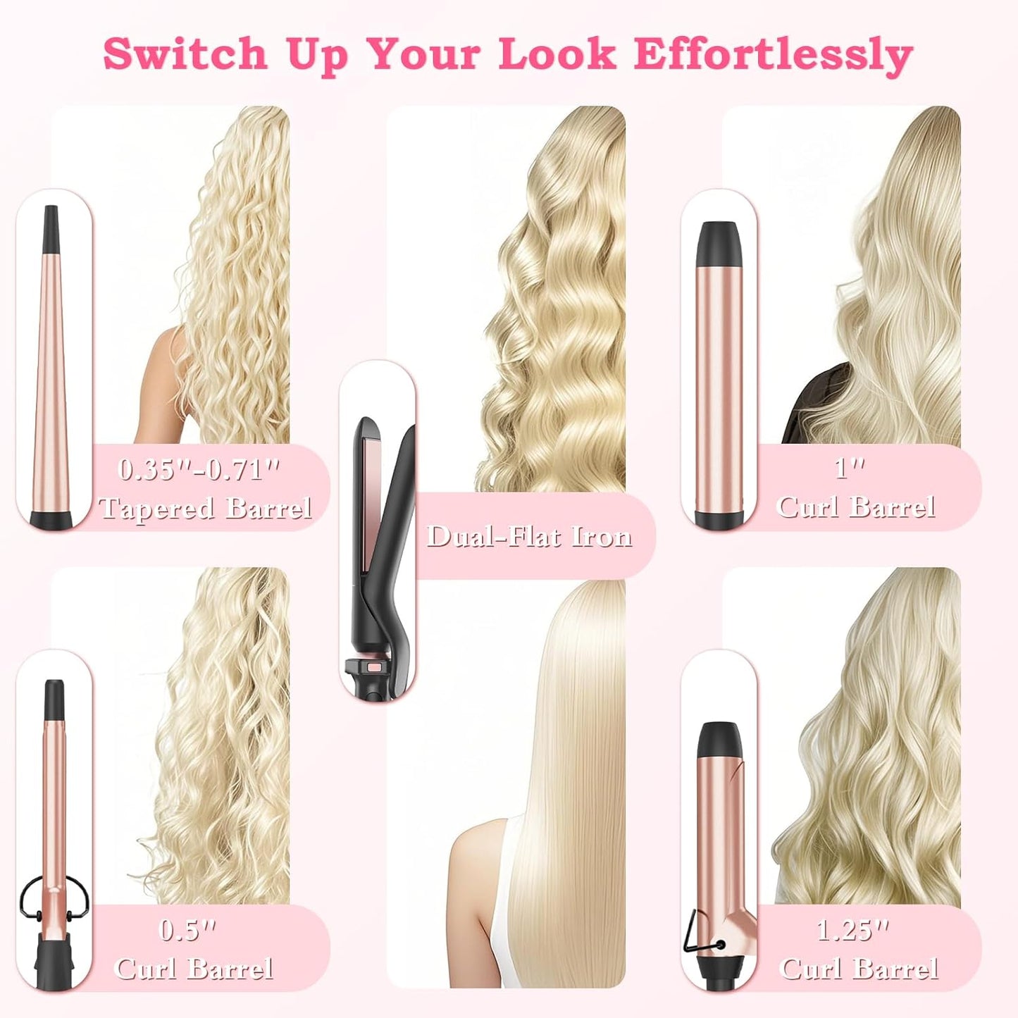 5 in 1 Curling Iron with Interchangeable Ceramic Barrels Wand Set with Flat Iron Hair Straightener, Instant Heat Up, Dual Voltage Hair Curler, Gifts for Women
