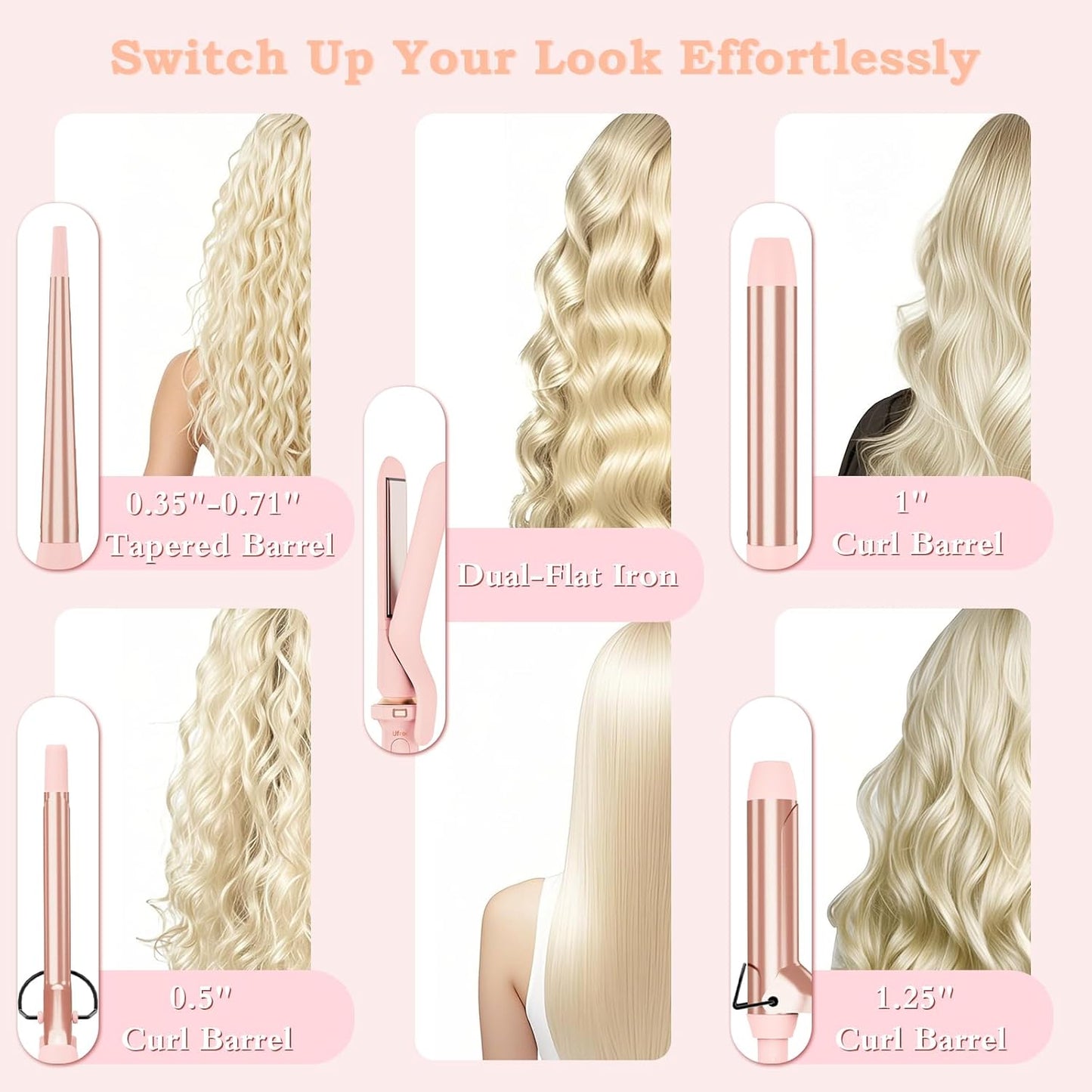 5 in 1 Curling Iron with Ceramic Barrels (0.35"-1.25"), Curling Wand Set with Flat Iron Hair Straightener, Instant Heat Up, Dual Voltage Hair Curler, Gifts for Women, Pink