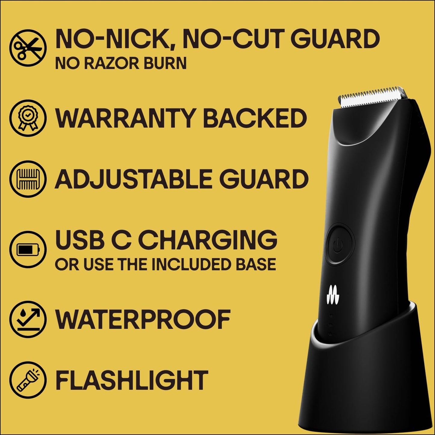 MERIDIAN Trimmer Plus - Body & Bikini Hair Manscaping Trimmer, Adjustable Guard, USB-C Charging, Flash Light, Travel Lock, Onyx
